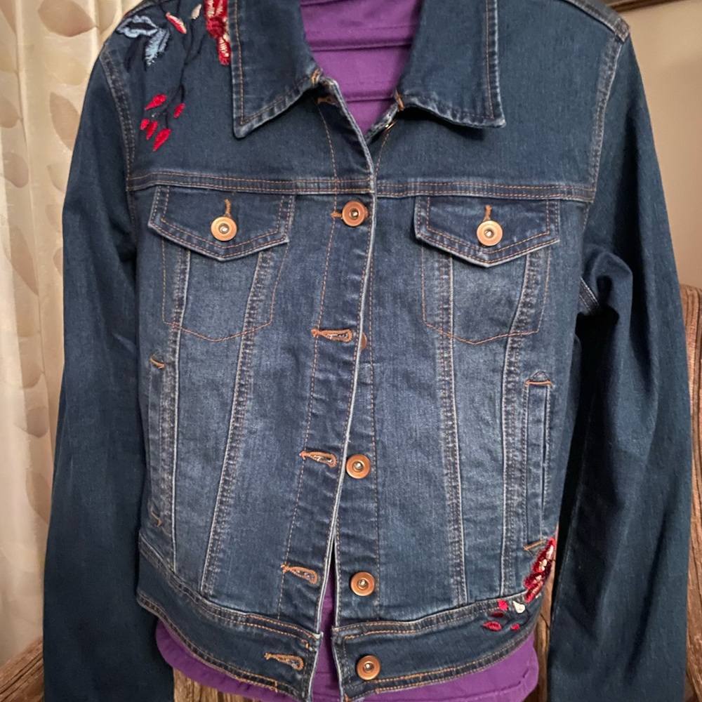 Tribal Dark Blue Denim Jacket with Red Embroidery M
